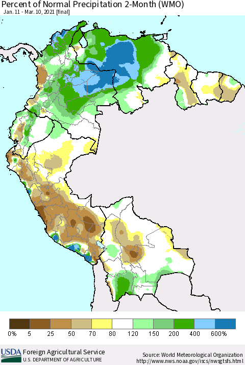 Northern South America Percent of Normal Precipitation 2-Month (WMO) Thematic Map For 1/11/2021 - 3/10/2021
