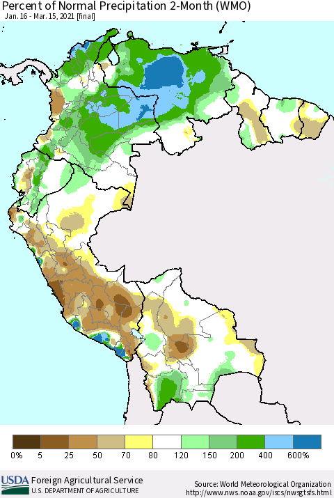 Northern South America Percent of Normal Precipitation 2-Month (WMO) Thematic Map For 1/16/2021 - 3/15/2021