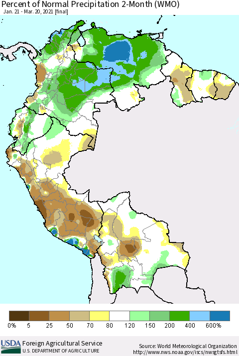 Northern South America Percent of Normal Precipitation 2-Month (WMO) Thematic Map For 1/21/2021 - 3/20/2021