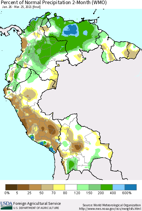 Northern South America Percent of Normal Precipitation 2-Month (WMO) Thematic Map For 1/26/2021 - 3/25/2021