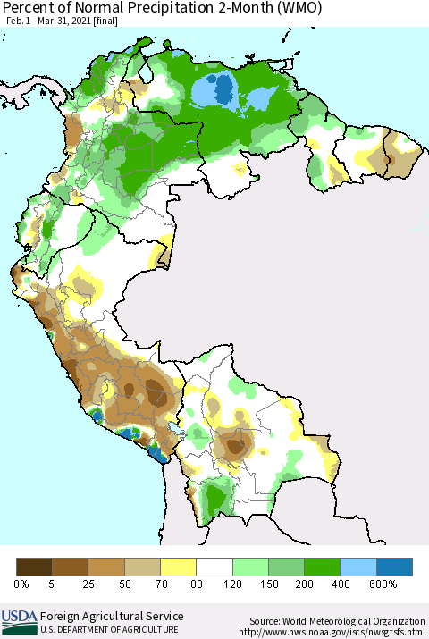 Northern South America Percent of Normal Precipitation 2-Month (WMO) Thematic Map For 2/1/2021 - 3/31/2021