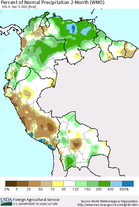Northern South America Percent of Normal Precipitation 2-Month (WMO) Thematic Map For 2/6/2021 - 4/5/2021