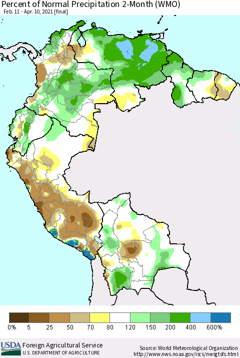 Northern South America Percent of Normal Precipitation 2-Month (WMO) Thematic Map For 2/11/2021 - 4/10/2021
