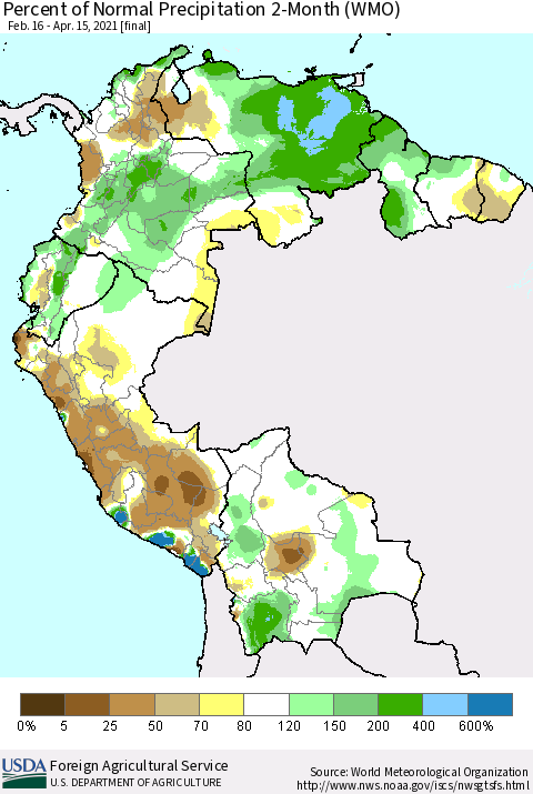 Northern South America Percent of Normal Precipitation 2-Month (WMO) Thematic Map For 2/16/2021 - 4/15/2021