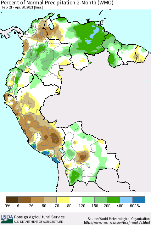 Northern South America Percent of Normal Precipitation 2-Month (WMO) Thematic Map For 2/21/2021 - 4/20/2021