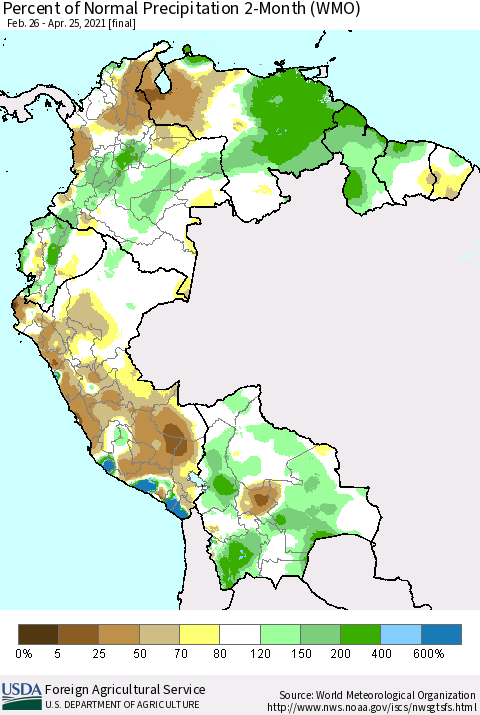 Northern South America Percent of Normal Precipitation 2-Month (WMO) Thematic Map For 2/26/2021 - 4/25/2021
