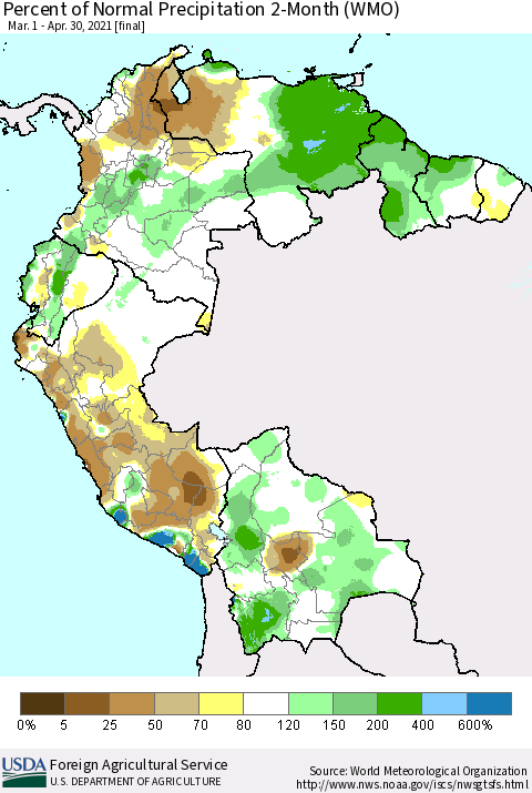 Northern South America Percent of Normal Precipitation 2-Month (WMO) Thematic Map For 3/1/2021 - 4/30/2021