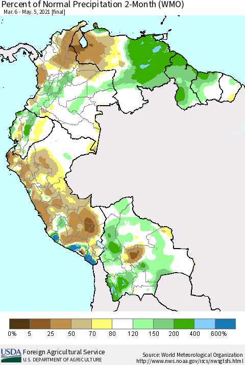 Northern South America Percent of Normal Precipitation 2-Month (WMO) Thematic Map For 3/6/2021 - 5/5/2021