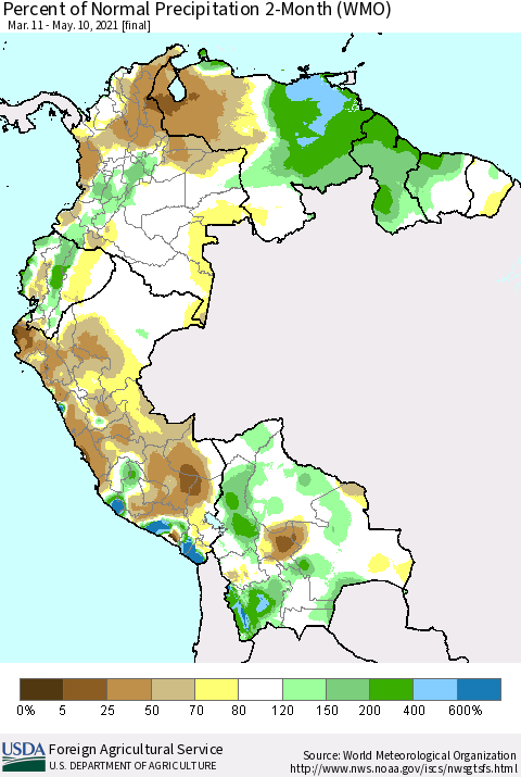 Northern South America Percent of Normal Precipitation 2-Month (WMO) Thematic Map For 3/11/2021 - 5/10/2021