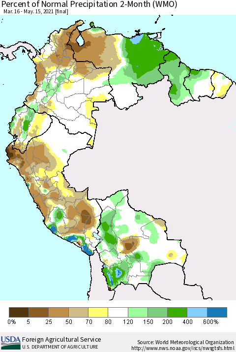 Northern South America Percent of Normal Precipitation 2-Month (WMO) Thematic Map For 3/16/2021 - 5/15/2021