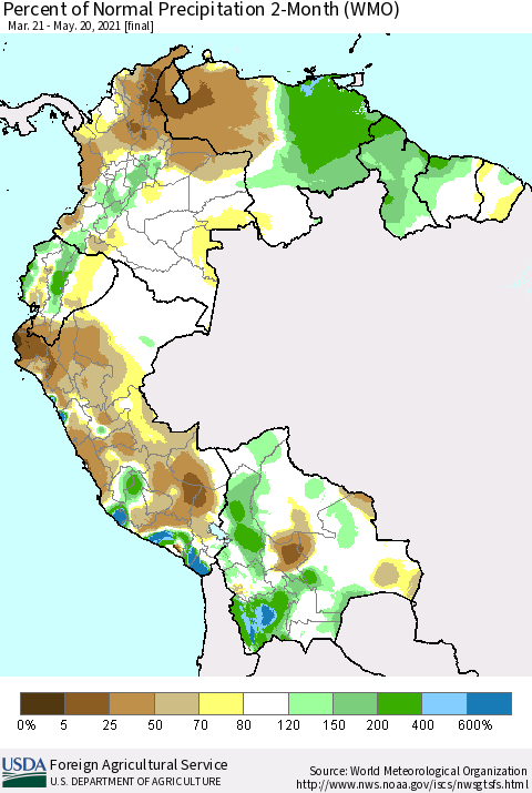Northern South America Percent of Normal Precipitation 2-Month (WMO) Thematic Map For 3/21/2021 - 5/20/2021
