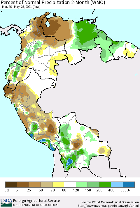 Northern South America Percent of Normal Precipitation 2-Month (WMO) Thematic Map For 3/26/2021 - 5/25/2021