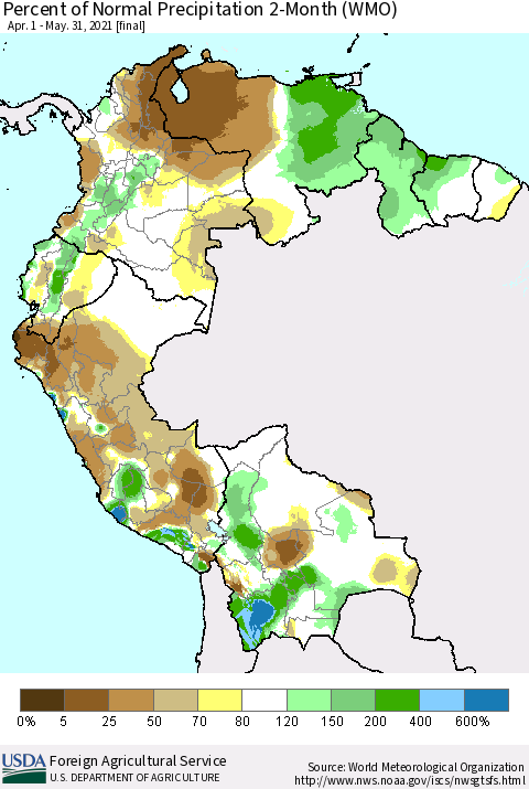 Northern South America Percent of Normal Precipitation 2-Month (WMO) Thematic Map For 4/1/2021 - 5/31/2021