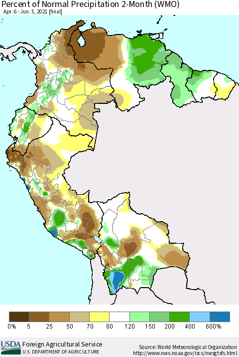 Northern South America Percent of Normal Precipitation 2-Month (WMO) Thematic Map For 4/6/2021 - 6/5/2021