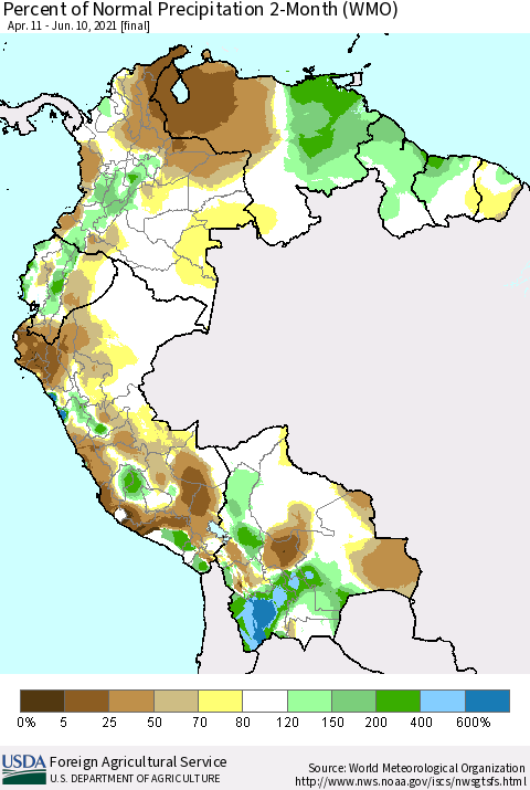 Northern South America Percent of Normal Precipitation 2-Month (WMO) Thematic Map For 4/11/2021 - 6/10/2021