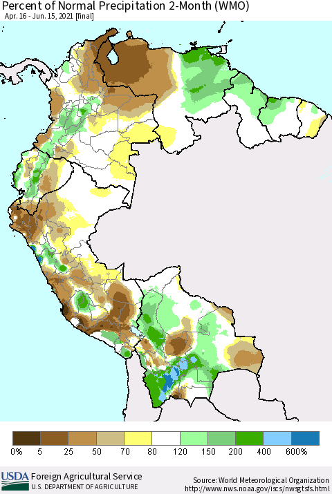 Northern South America Percent of Normal Precipitation 2-Month (WMO) Thematic Map For 4/16/2021 - 6/15/2021