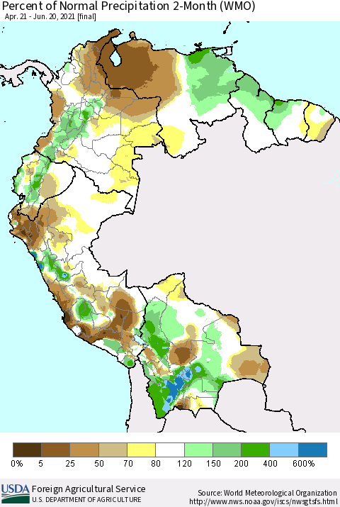 Northern South America Percent of Normal Precipitation 2-Month (WMO) Thematic Map For 4/21/2021 - 6/20/2021