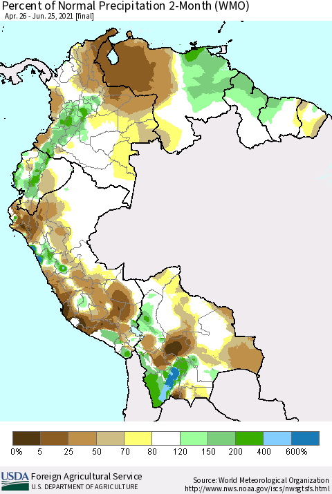 Northern South America Percent of Normal Precipitation 2-Month (WMO) Thematic Map For 4/26/2021 - 6/25/2021