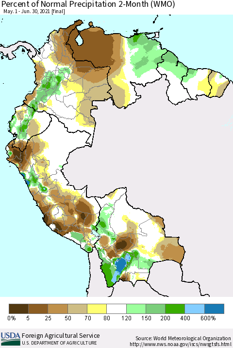 Northern South America Percent of Normal Precipitation 2-Month (WMO) Thematic Map For 5/1/2021 - 6/30/2021