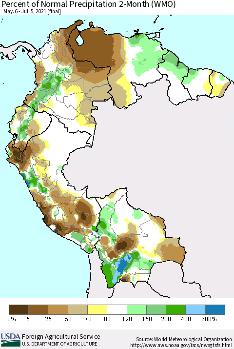 Northern South America Percent of Normal Precipitation 2-Month (WMO) Thematic Map For 5/6/2021 - 7/5/2021