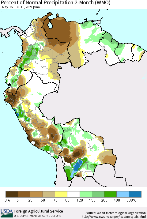 Northern South America Percent of Normal Precipitation 2-Month (WMO) Thematic Map For 5/16/2021 - 7/15/2021