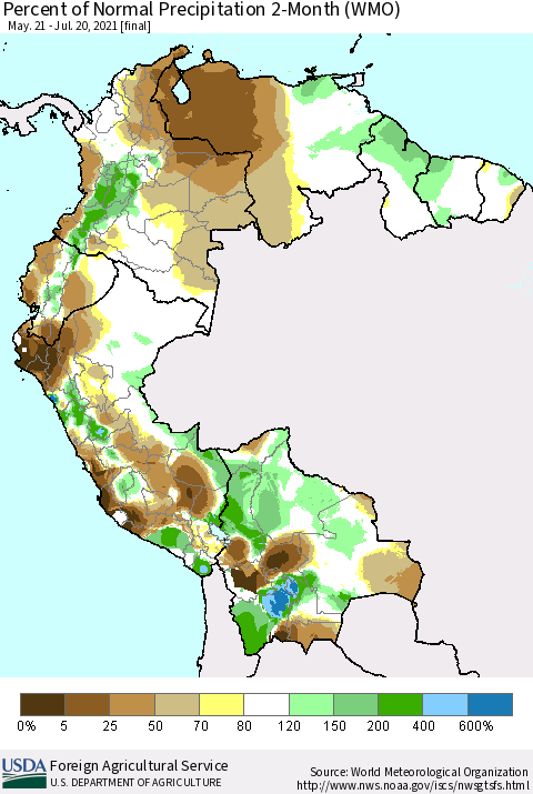 Northern South America Percent of Normal Precipitation 2-Month (WMO) Thematic Map For 5/21/2021 - 7/20/2021
