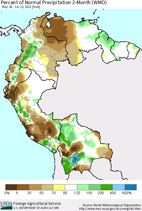 Northern South America Percent of Normal Precipitation 2-Month (WMO) Thematic Map For 5/26/2021 - 7/25/2021