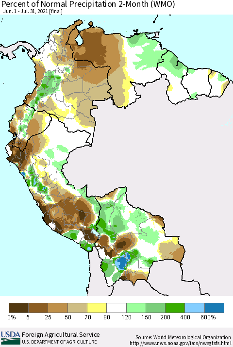 Northern South America Percent of Normal Precipitation 2-Month (WMO) Thematic Map For 6/1/2021 - 7/31/2021