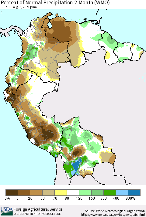 Northern South America Percent of Normal Precipitation 2-Month (WMO) Thematic Map For 6/6/2021 - 8/5/2021