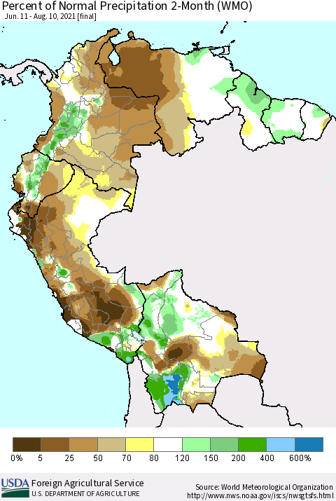 Northern South America Percent of Normal Precipitation 2-Month (WMO) Thematic Map For 6/11/2021 - 8/10/2021