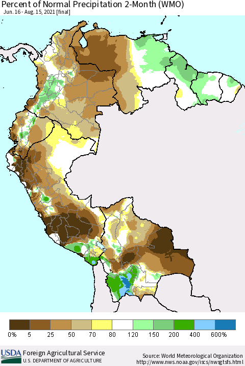 Northern South America Percent of Normal Precipitation 2-Month (WMO) Thematic Map For 6/16/2021 - 8/15/2021