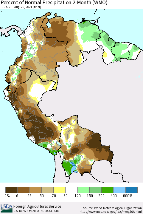 Northern South America Percent of Normal Precipitation 2-Month (WMO) Thematic Map For 6/21/2021 - 8/20/2021