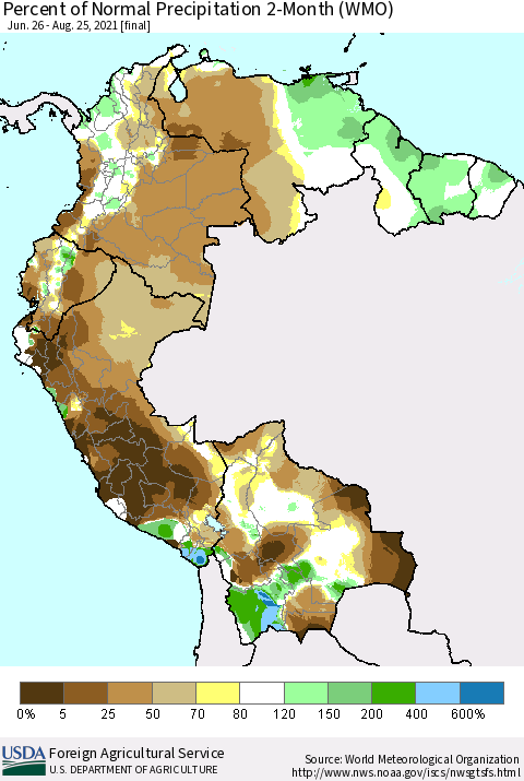Northern South America Percent of Normal Precipitation 2-Month (WMO) Thematic Map For 6/26/2021 - 8/25/2021