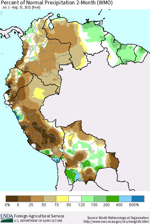 Northern South America Percent of Normal Precipitation 2-Month (WMO) Thematic Map For 7/1/2021 - 8/31/2021