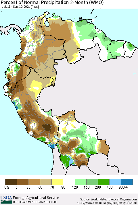 Northern South America Percent of Normal Precipitation 2-Month (WMO) Thematic Map For 7/11/2021 - 9/10/2021