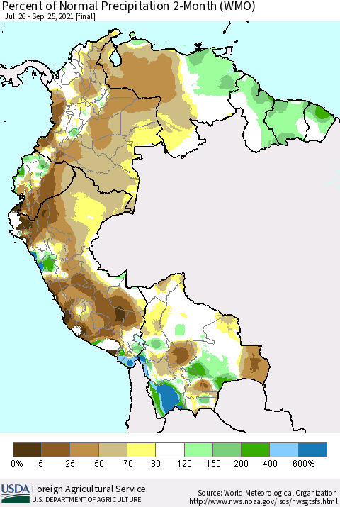 Northern South America Percent of Normal Precipitation 2-Month (WMO) Thematic Map For 7/26/2021 - 9/25/2021