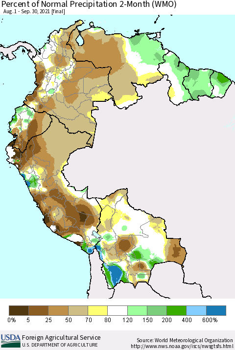 Northern South America Percent of Normal Precipitation 2-Month (WMO) Thematic Map For 8/1/2021 - 9/30/2021