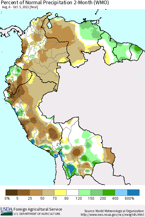 Northern South America Percent of Normal Precipitation 2-Month (WMO) Thematic Map For 8/6/2021 - 10/5/2021