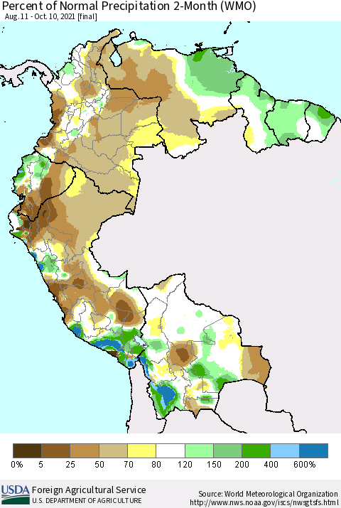 Northern South America Percent of Normal Precipitation 2-Month (WMO) Thematic Map For 8/11/2021 - 10/10/2021