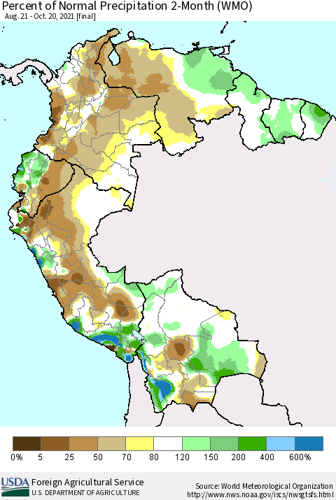 Northern South America Percent of Normal Precipitation 2-Month (WMO) Thematic Map For 8/21/2021 - 10/20/2021