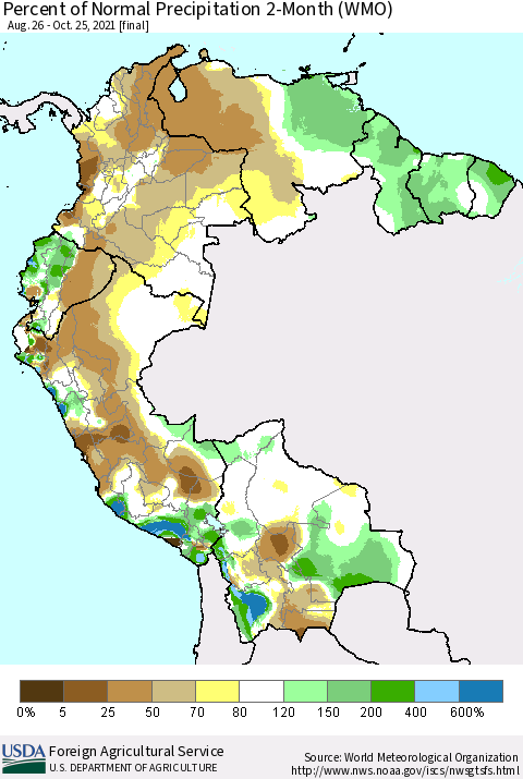 Northern South America Percent of Normal Precipitation 2-Month (WMO) Thematic Map For 8/26/2021 - 10/25/2021