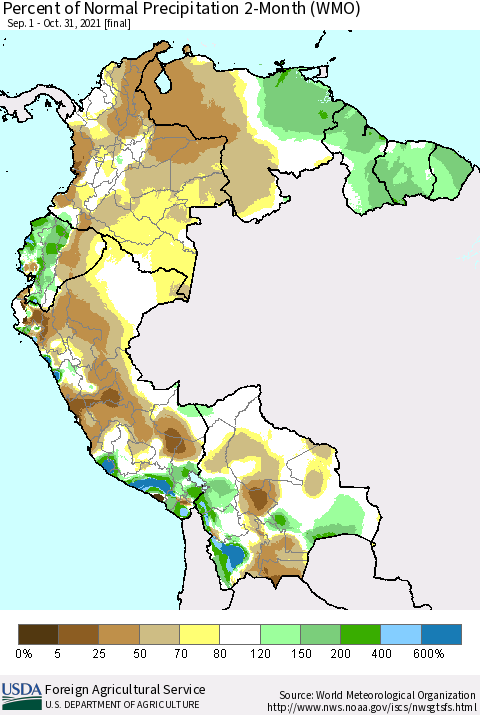 Northern South America Percent of Normal Precipitation 2-Month (WMO) Thematic Map For 9/1/2021 - 10/31/2021