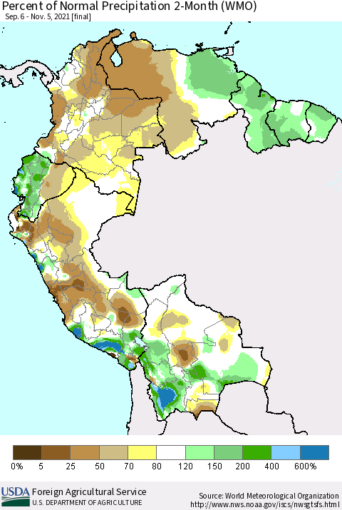 Northern South America Percent of Normal Precipitation 2-Month (WMO) Thematic Map For 9/6/2021 - 11/5/2021