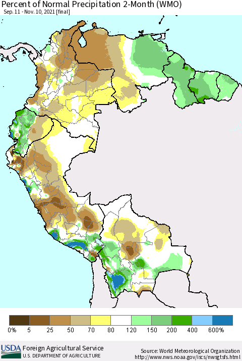 Northern South America Percent of Normal Precipitation 2-Month (WMO) Thematic Map For 9/11/2021 - 11/10/2021