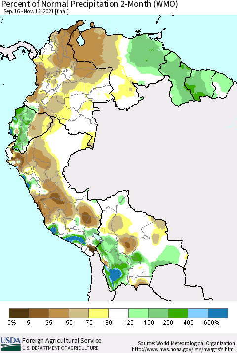 Northern South America Percent of Normal Precipitation 2-Month (WMO) Thematic Map For 9/16/2021 - 11/15/2021