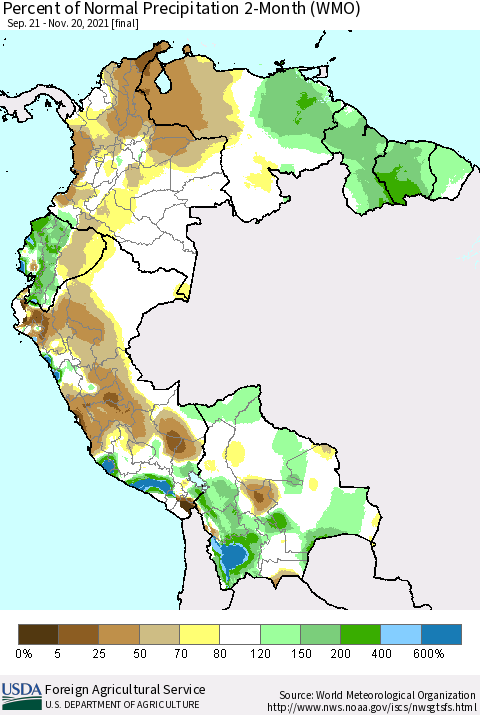 Northern South America Percent of Normal Precipitation 2-Month (WMO) Thematic Map For 9/21/2021 - 11/20/2021
