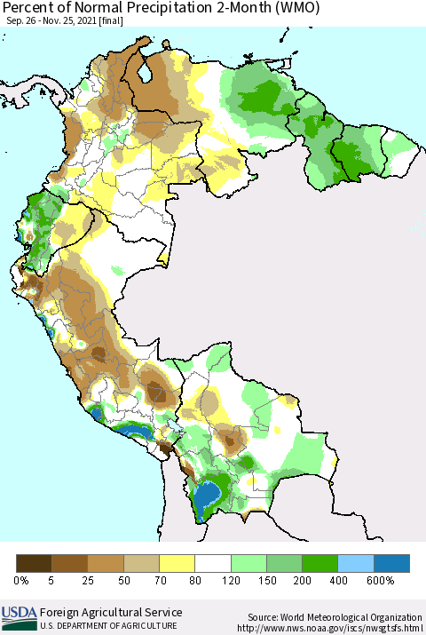 Northern South America Percent of Normal Precipitation 2-Month (WMO) Thematic Map For 9/26/2021 - 11/25/2021