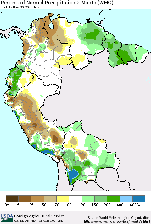 Northern South America Percent of Normal Precipitation 2-Month (WMO) Thematic Map For 10/1/2021 - 11/30/2021
