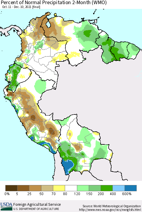 Northern South America Percent of Normal Precipitation 2-Month (WMO) Thematic Map For 10/11/2021 - 12/10/2021