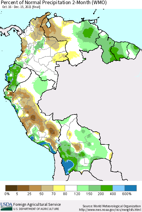 Northern South America Percent of Normal Precipitation 2-Month (WMO) Thematic Map For 10/16/2021 - 12/15/2021